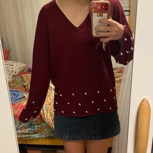 Burgundy with Pearl Accents Holiday Christmas Sweater Flare Sleeve Small Medium